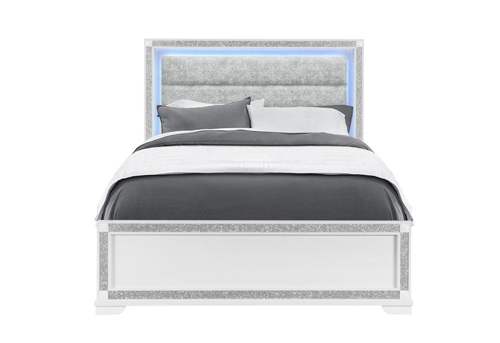 White Faux Crystal Bling Wood Lighted Queen Bed Frame