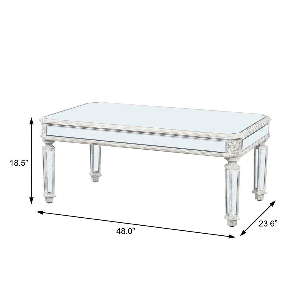 48" Silver And White Mirrored Glass And Wood Coffee Table