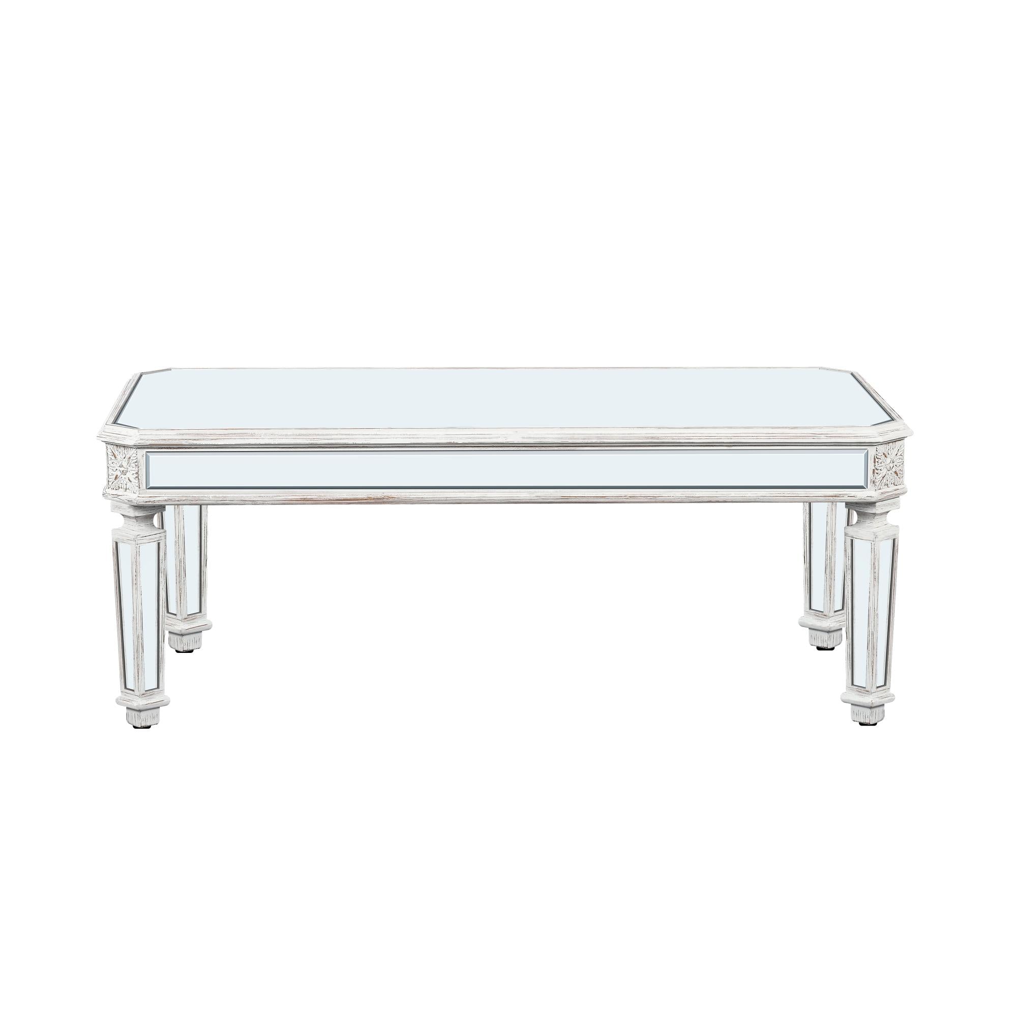 48" Silver And White Mirrored Glass And Wood Coffee Table