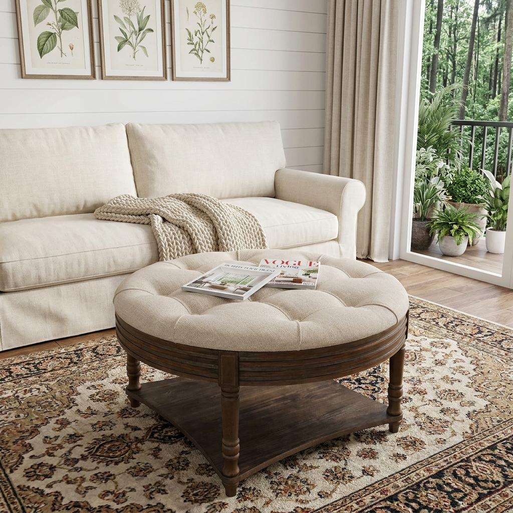 31" Beige And Natural Linen Blend Tufted Round Cocktail Ottoman With Storage