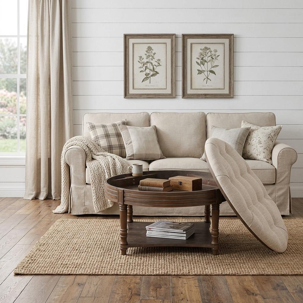 31" Beige And Natural Linen Blend Tufted Round Cocktail Ottoman With Storage