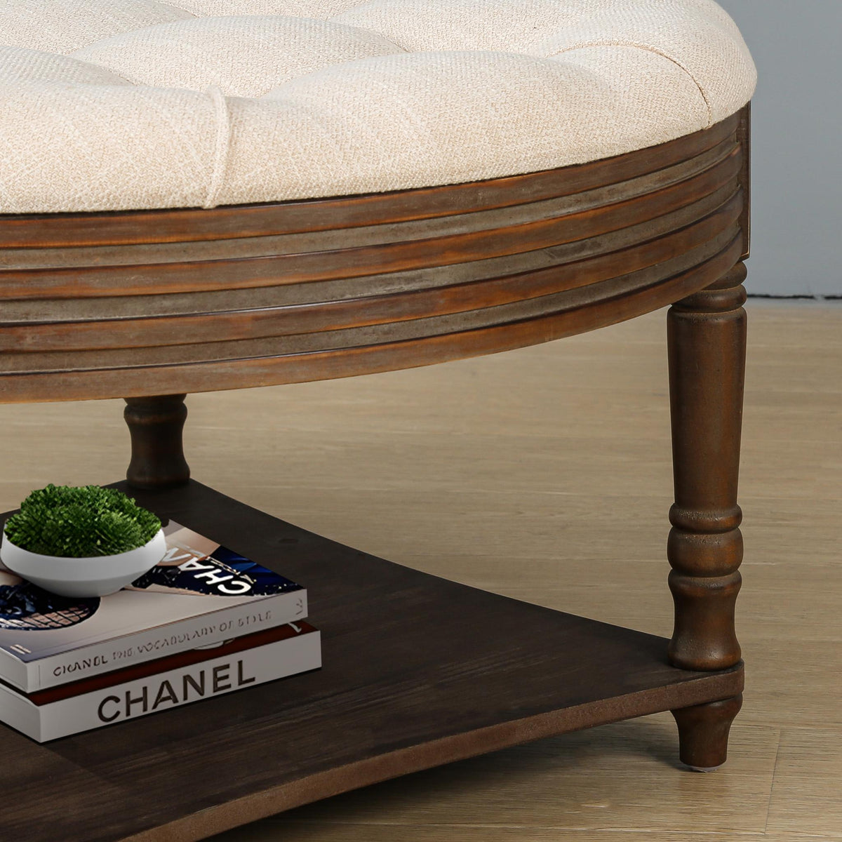 31" Beige And Natural Linen Blend Tufted Round Cocktail Ottoman With Storage