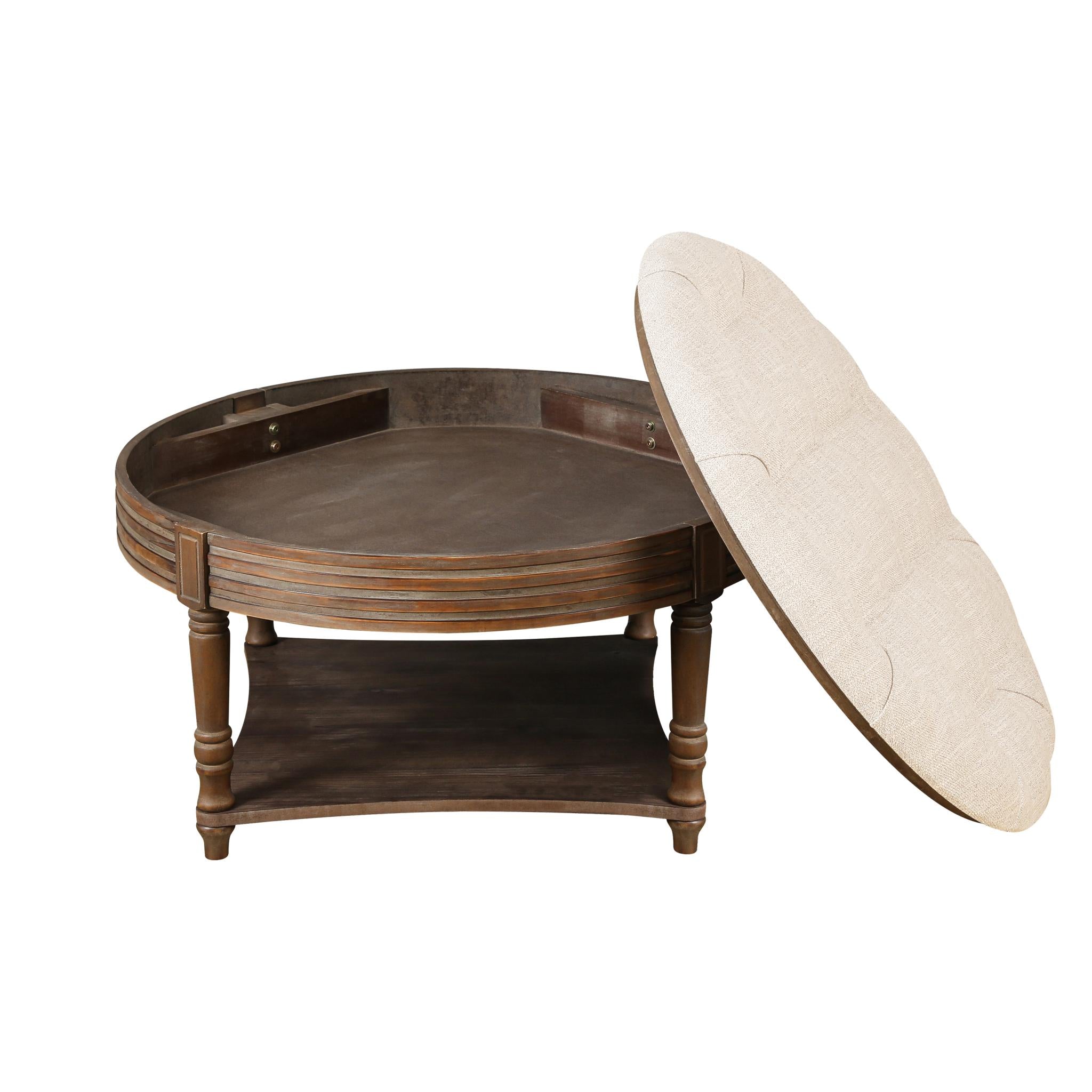 31" Beige And Natural Linen Blend Tufted Round Cocktail Ottoman With Storage