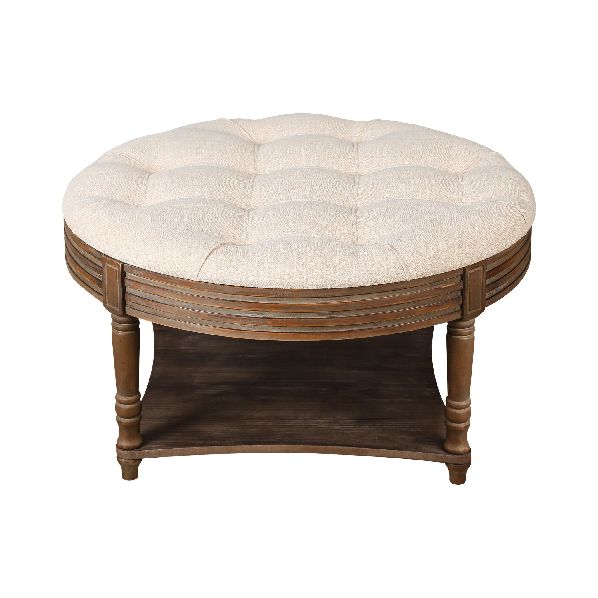 31" Beige And Natural Linen Blend Tufted Round Cocktail Ottoman With Storage