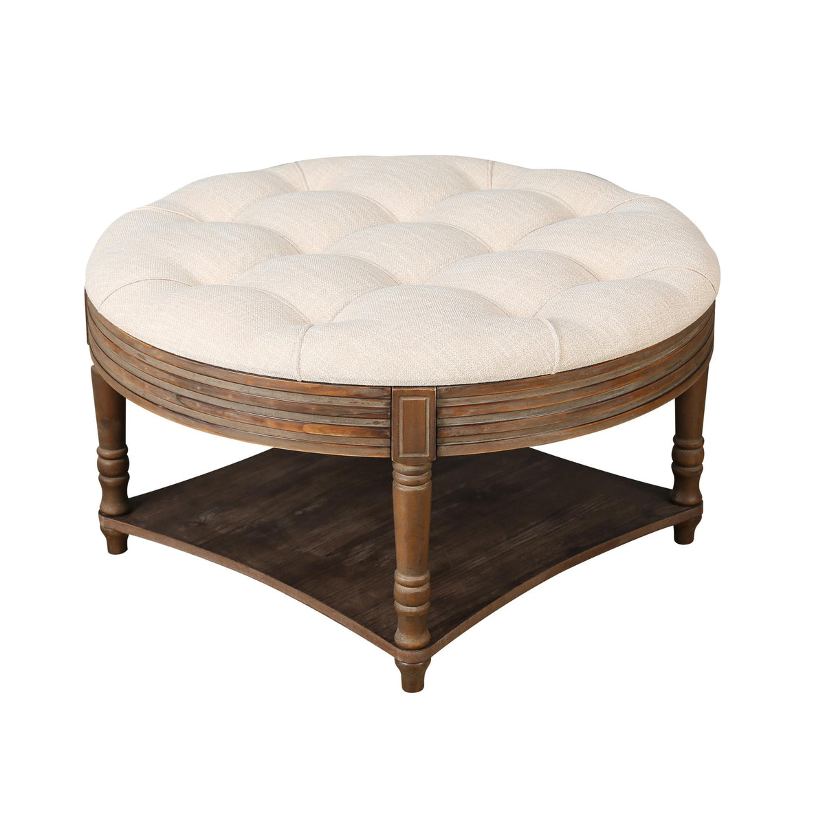 31" Beige And Natural Linen Blend Tufted Round Cocktail Ottoman With Storage