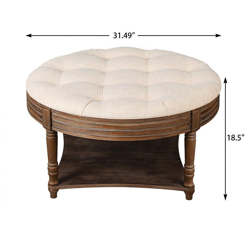 31" Beige And Natural Linen Blend Tufted Round Cocktail Ottoman With Storage