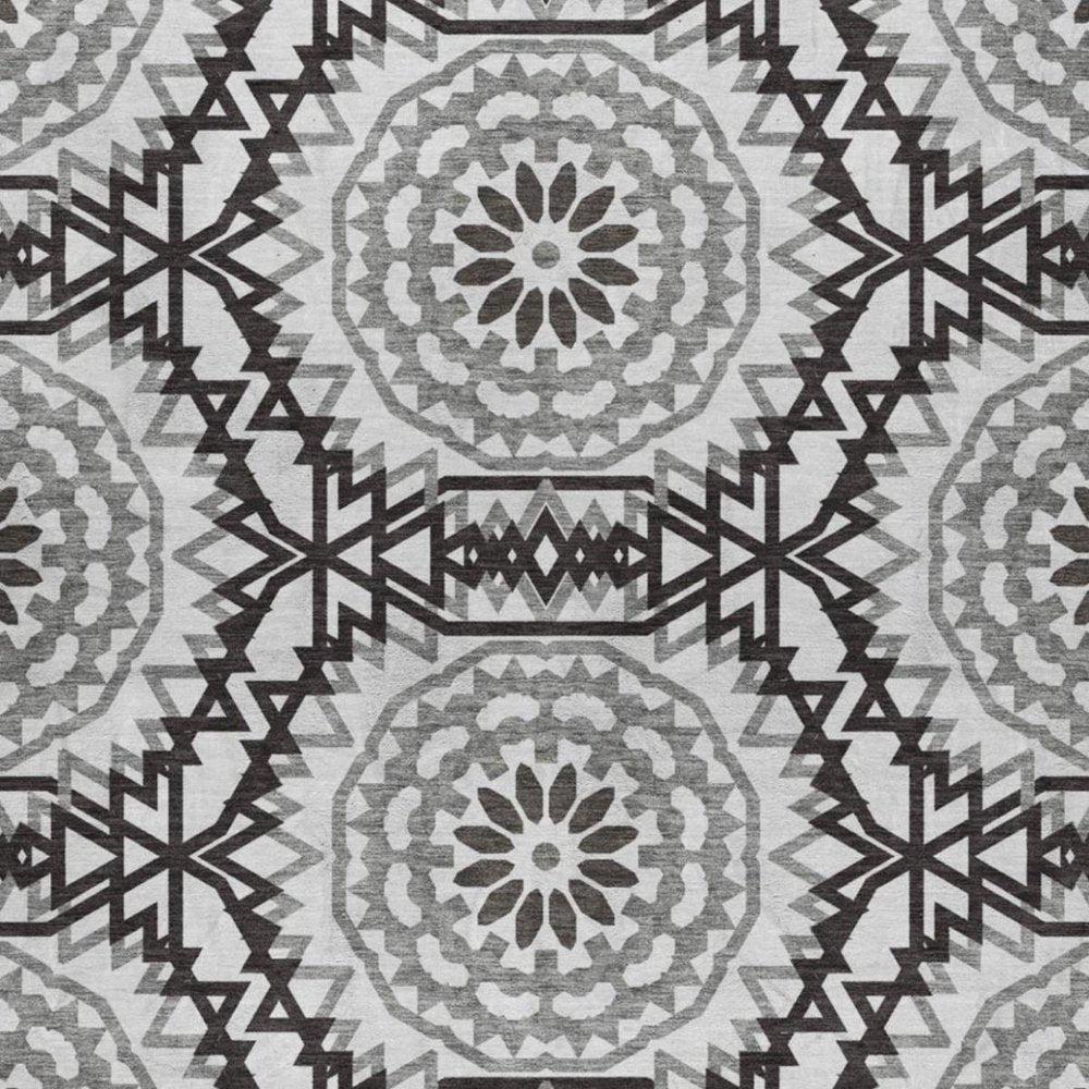 9' X 12' White And Black Floral Shag Washable Area Rug With UV Protection