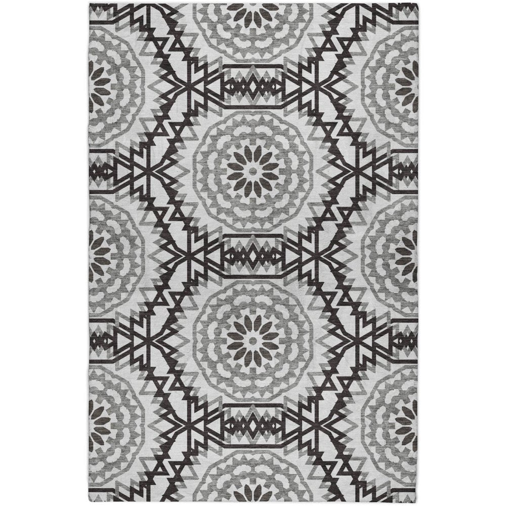 9' X 12' White And Black Floral Shag Washable Area Rug With UV Protection
