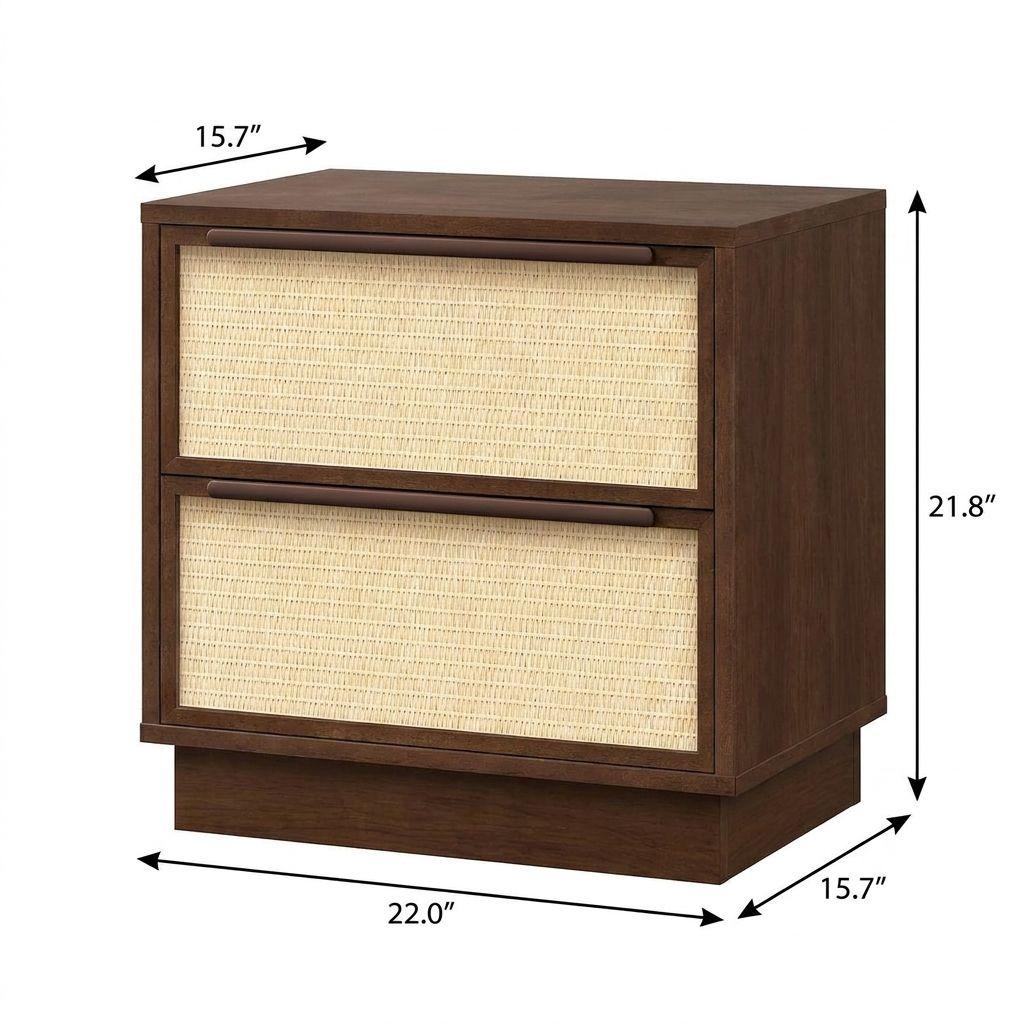 22" Walnut Wood Woven Texture Two Drawer Nightstand