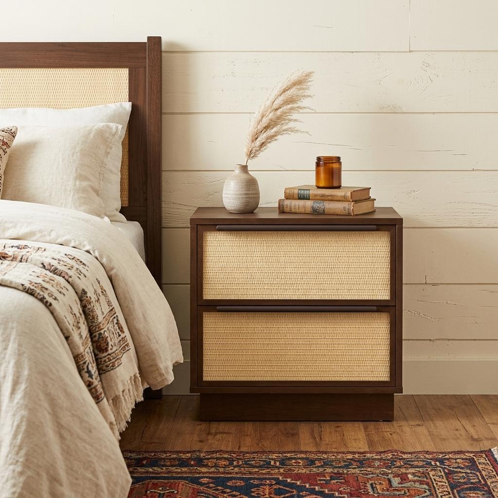 22" Walnut Wood Woven Texture Two Drawer Nightstand