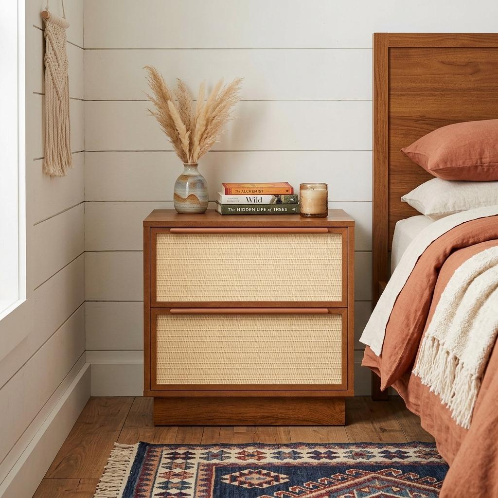 22" Oak Wood Woven Texture Two Drawer Nightstand