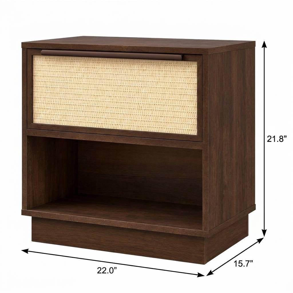 22" Walnut Wood Woven Texture One Drawer Nightstand