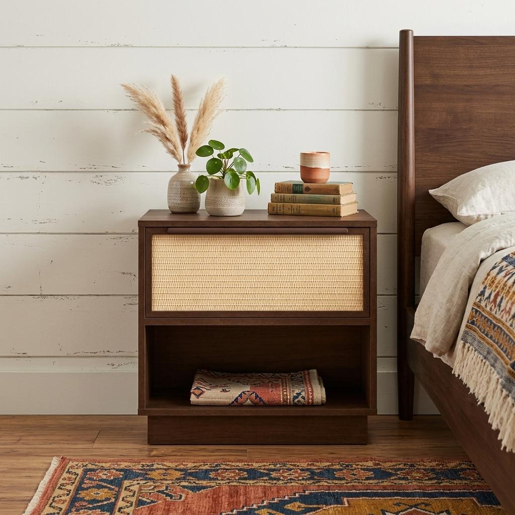 22" Walnut Wood Woven Texture One Drawer Nightstand