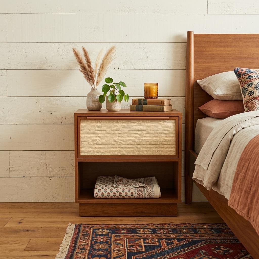 22" Oak Wood Woven Texture One Drawer Nightstand