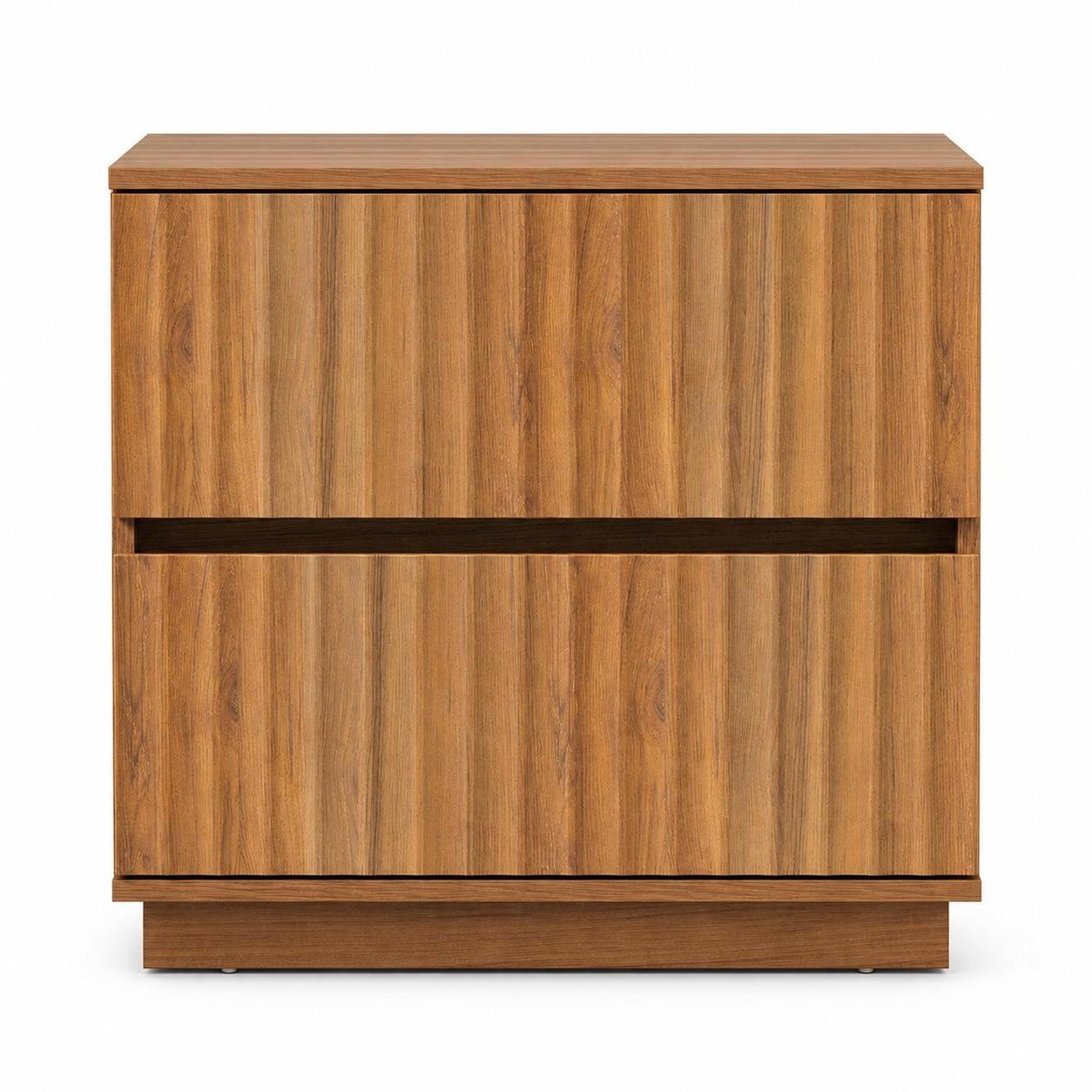 22" Walnut Wood Ribbed Texture Two Drawer Nightstand