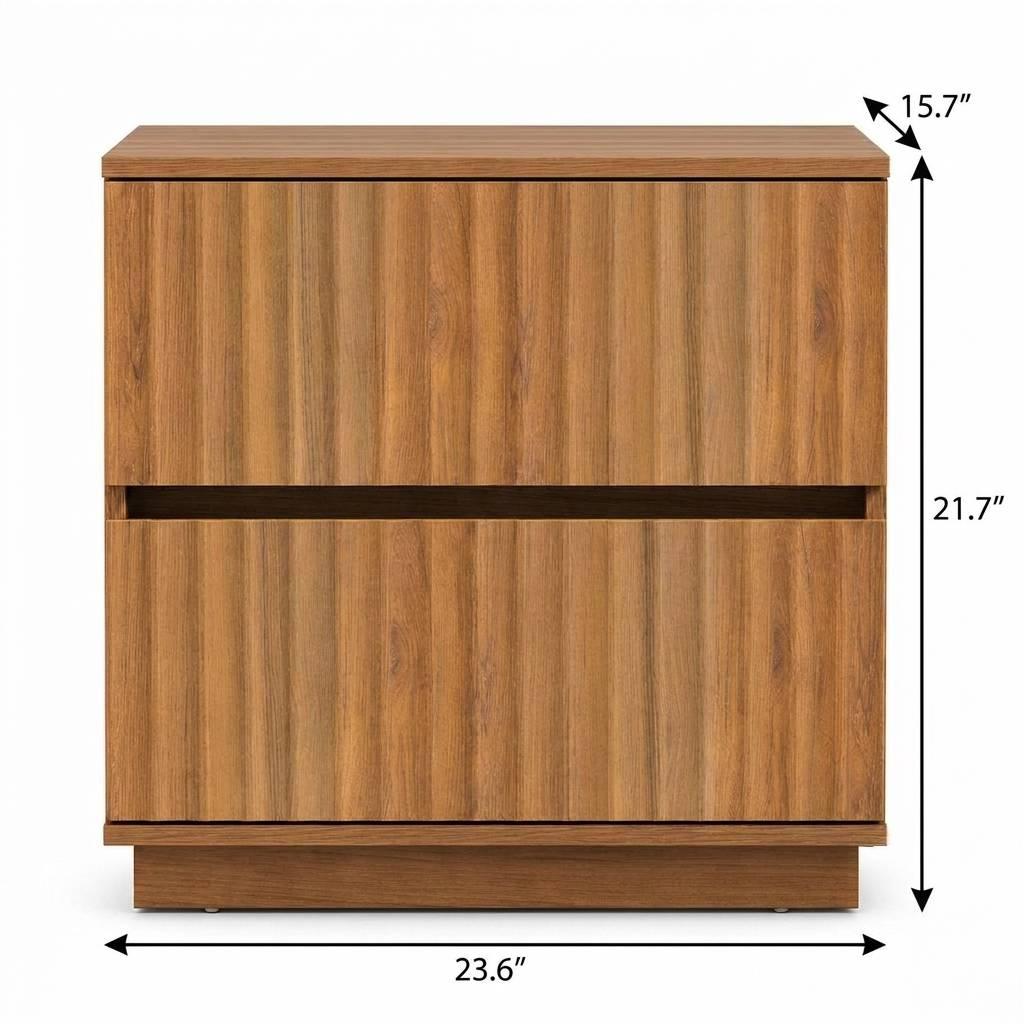 22" Walnut Wood Ribbed Texture Two Drawer Nightstand