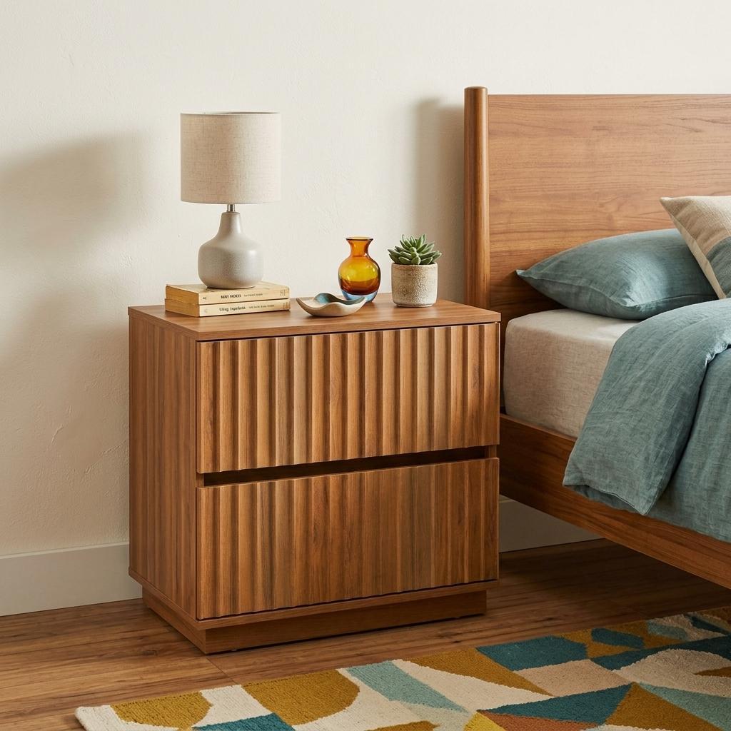 22" Walnut Wood Ribbed Texture Two Drawer Nightstand