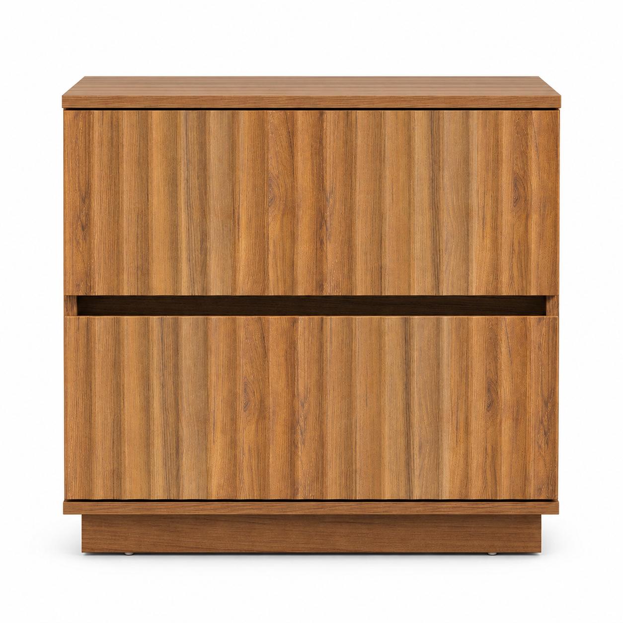 22" Walnut Wood Ribbed Texture Two Drawer Nightstand