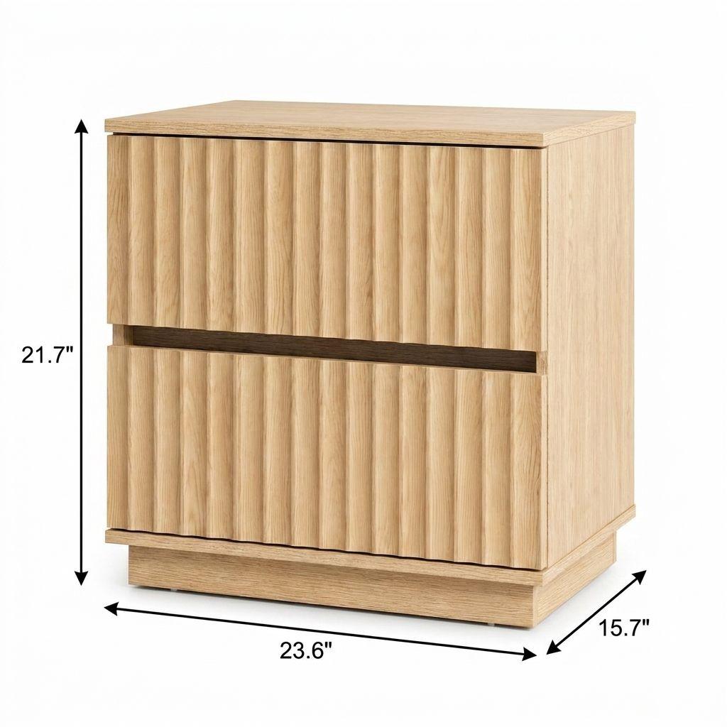 22" Natural Wood Ribbed Texture Two Drawer Nightstand
