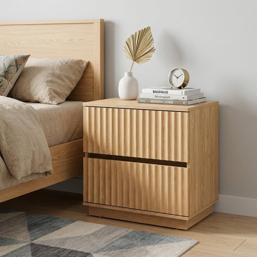 22" Natural Wood Ribbed Texture Two Drawer Nightstand