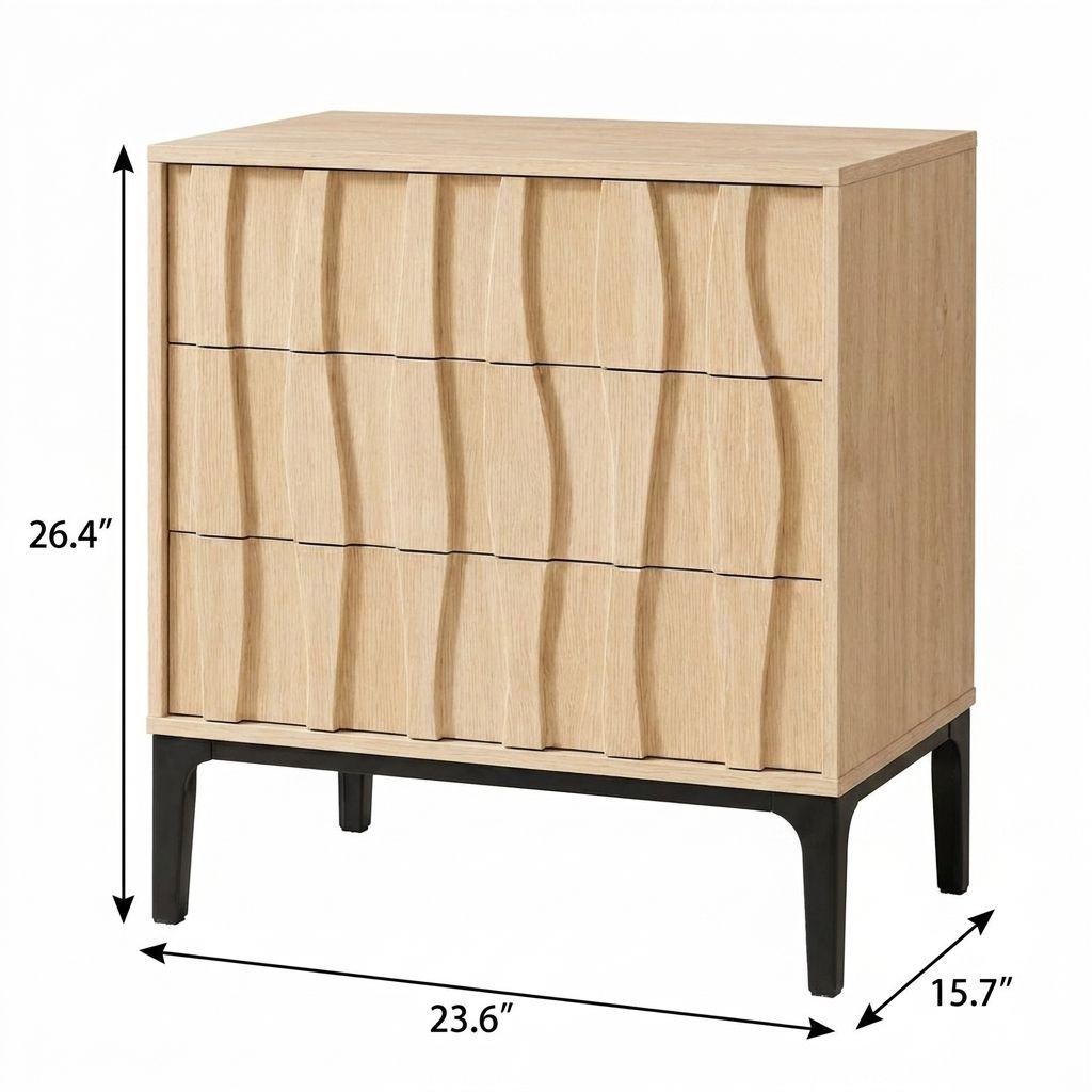 26" Natural Wood Carved Abstract Three Drawer Nightstand