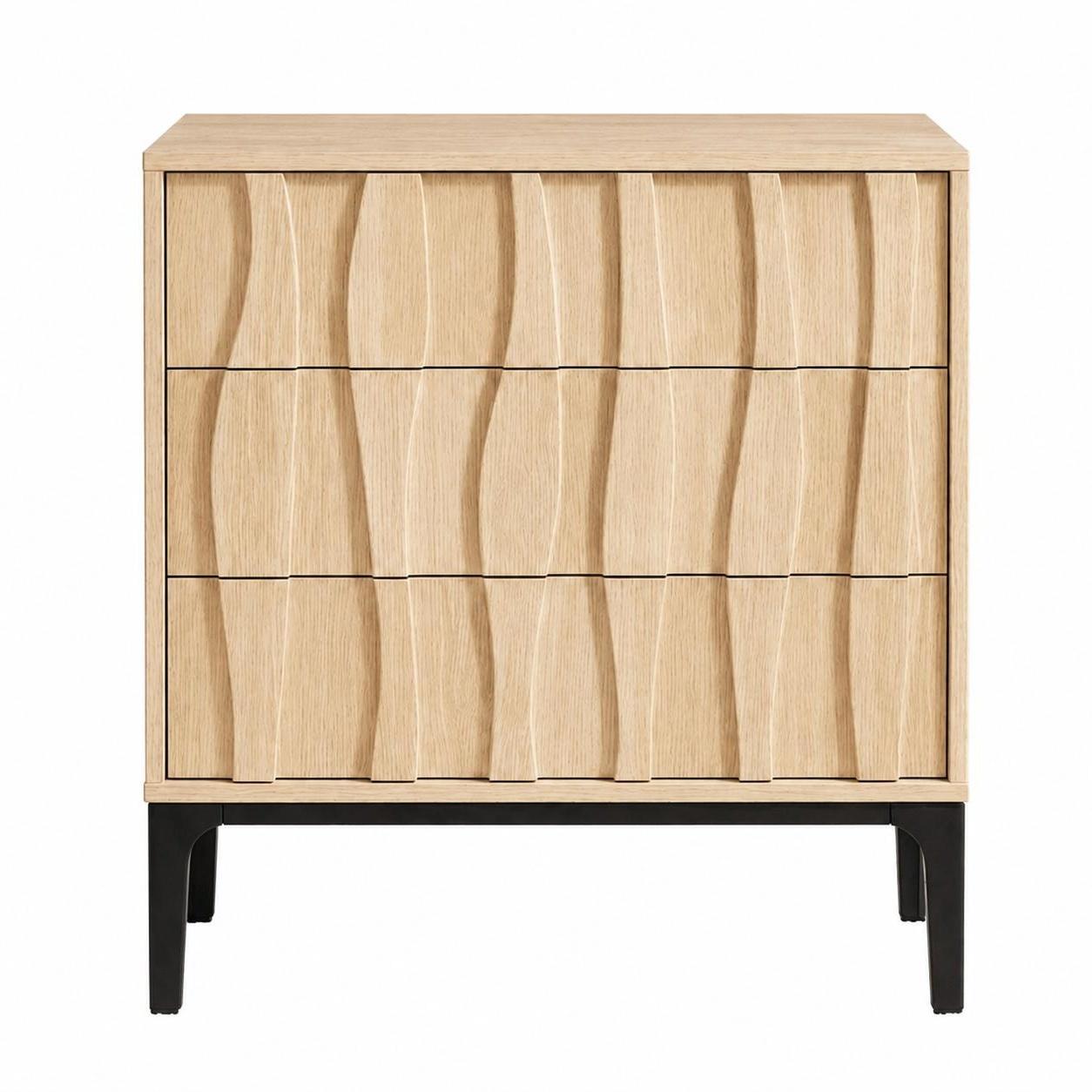 26" Natural Wood Carved Abstract Three Drawer Nightstand