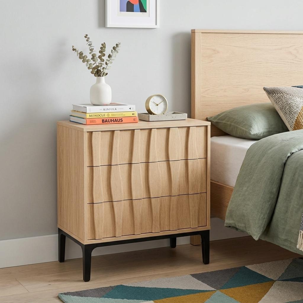 26" Natural Wood Carved Abstract Three Drawer Nightstand