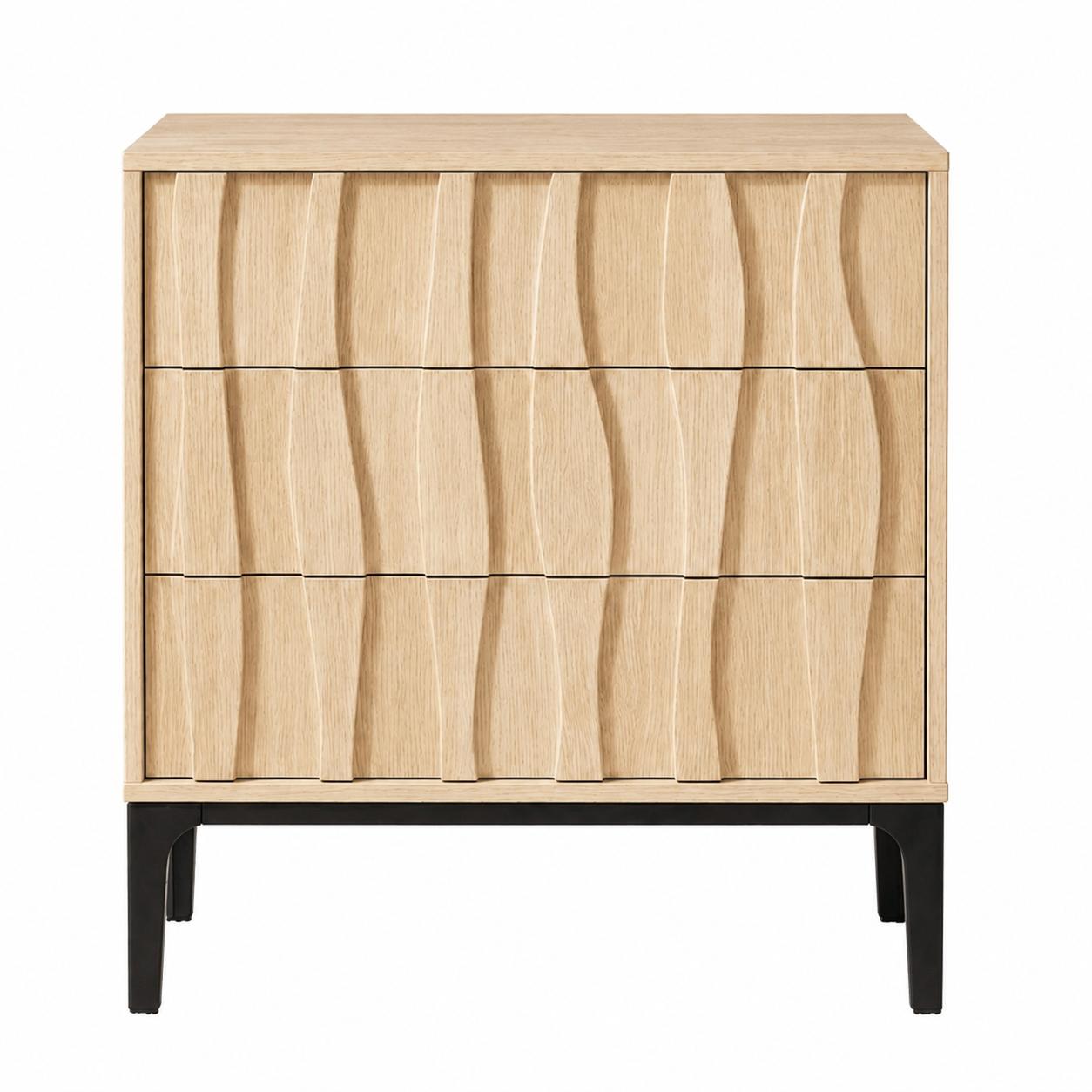 26" Natural Wood Carved Abstract Three Drawer Nightstand