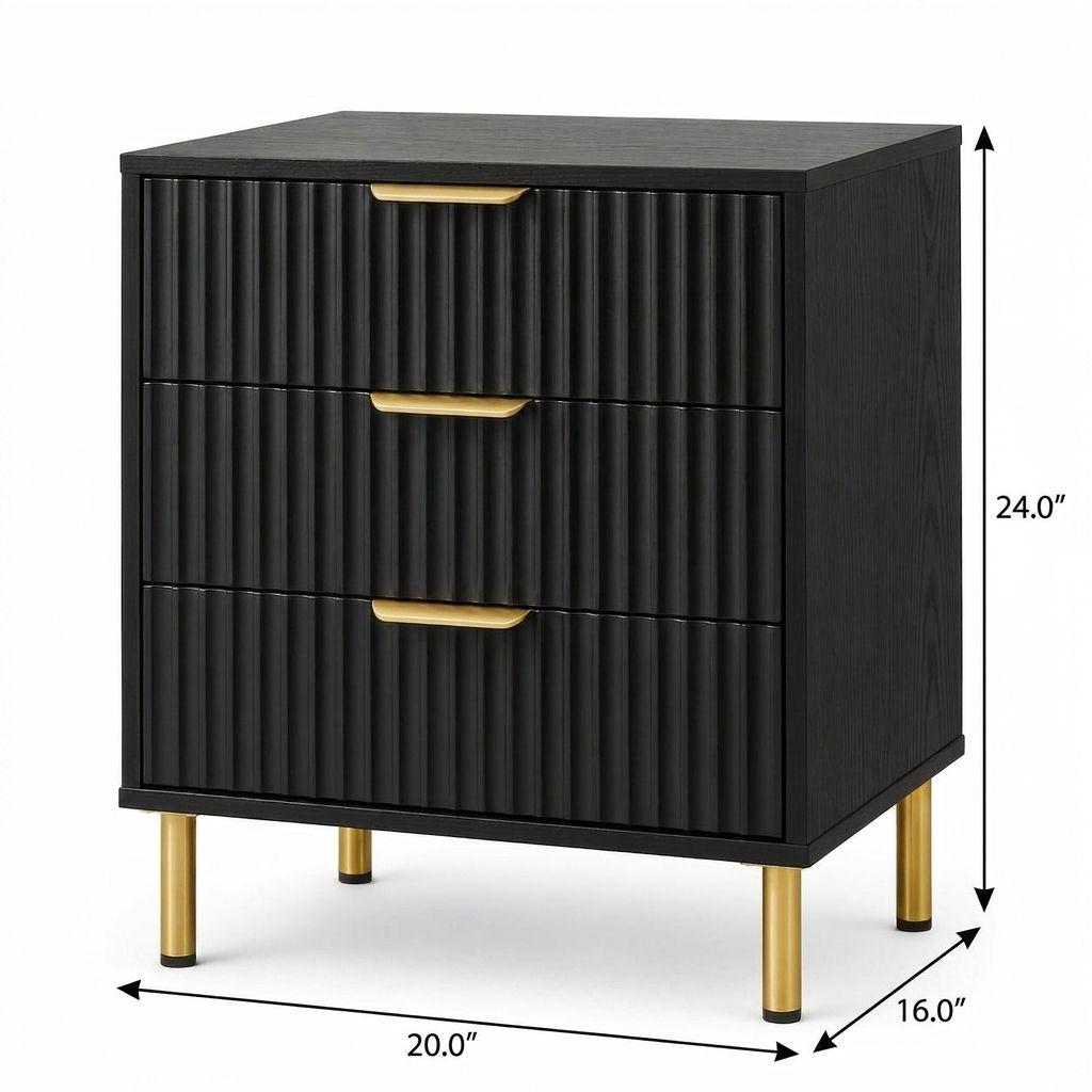 24" Black Wood Ribbed Texture Three Drawer Nightstand