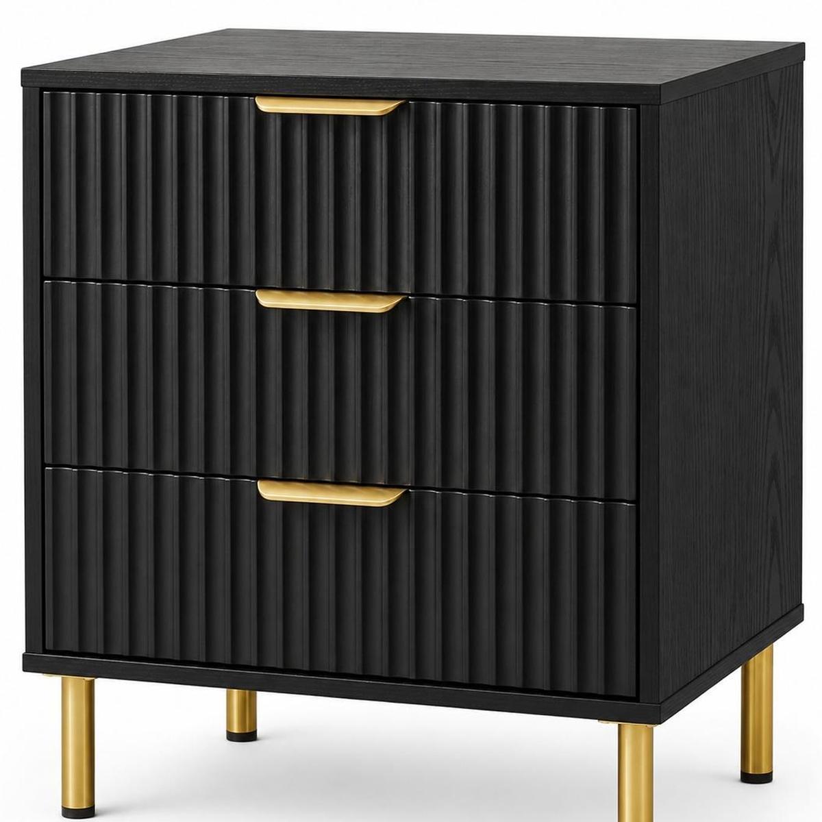 24" Black Wood Ribbed Texture Three Drawer Nightstand