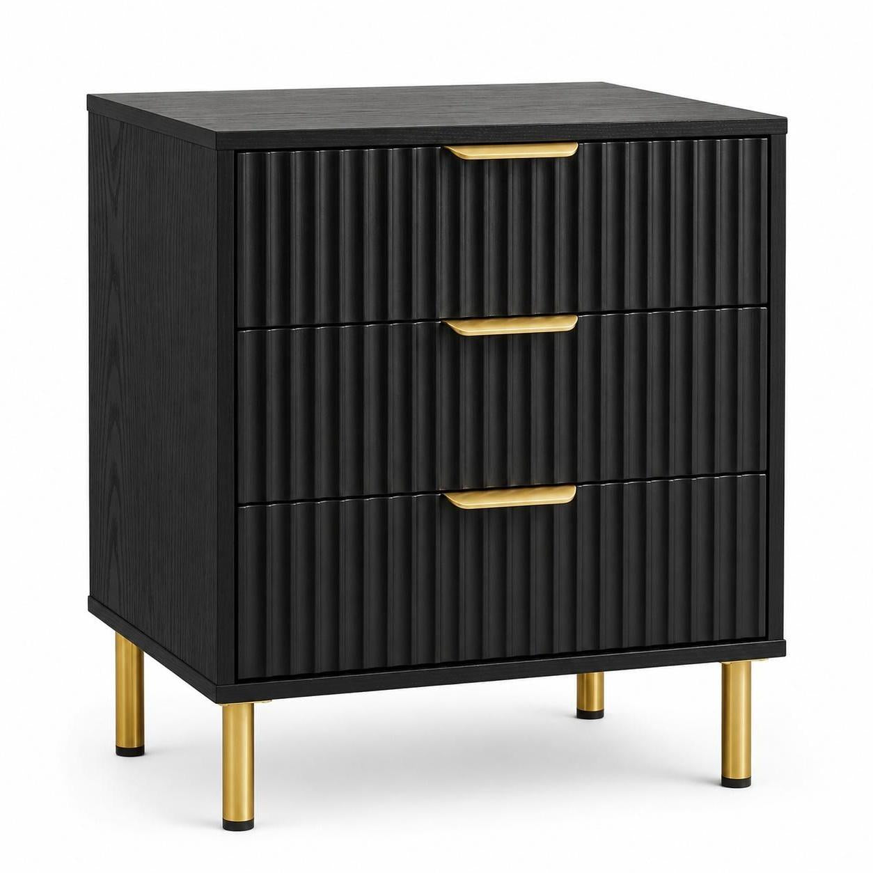 24" Black Wood Ribbed Texture Three Drawer Nightstand