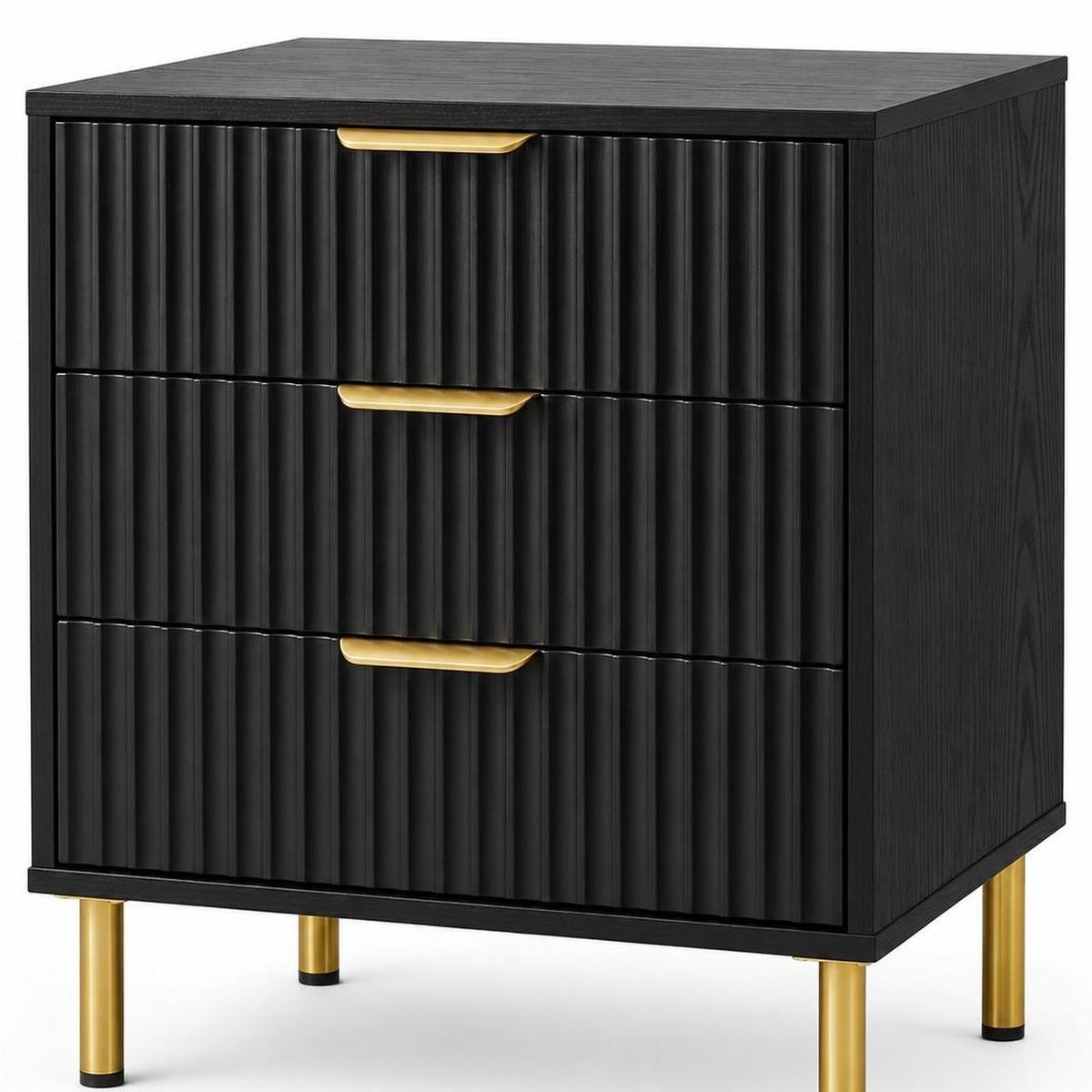 24" Black Wood Ribbed Texture Three Drawer Nightstand