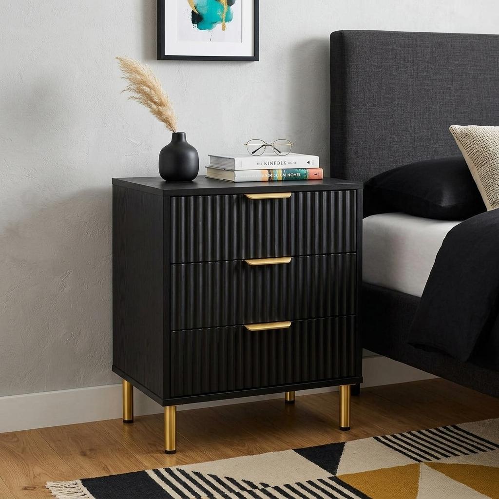 24" Black Wood Ribbed Texture Three Drawer Nightstand