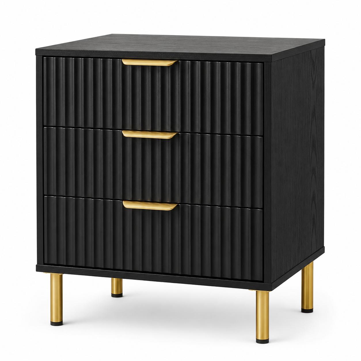 24" Black Wood Ribbed Texture Three Drawer Nightstand
