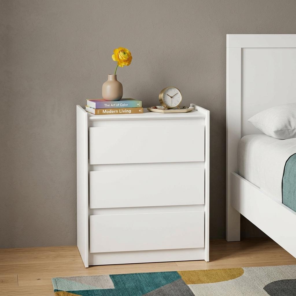 24" White Wood Three Drawer Nightstand with USB Port and Integrated Tech