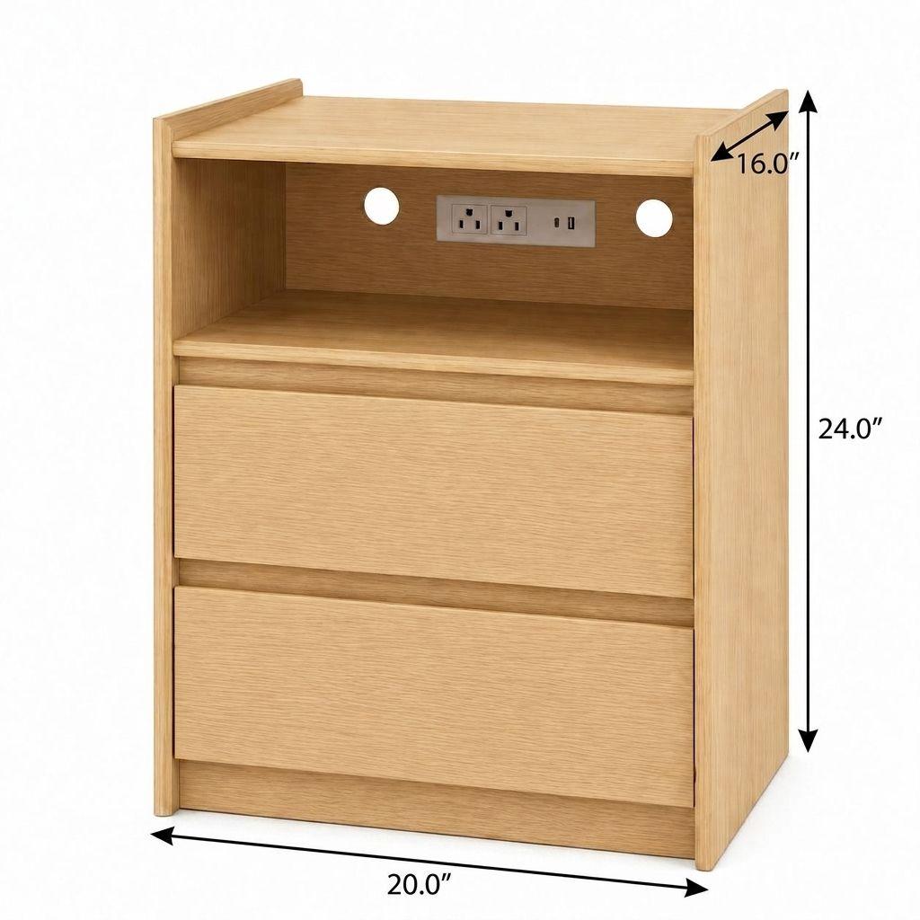 24" Oak Wood Two Drawer Nightstand with USB Port and Integrated Tech