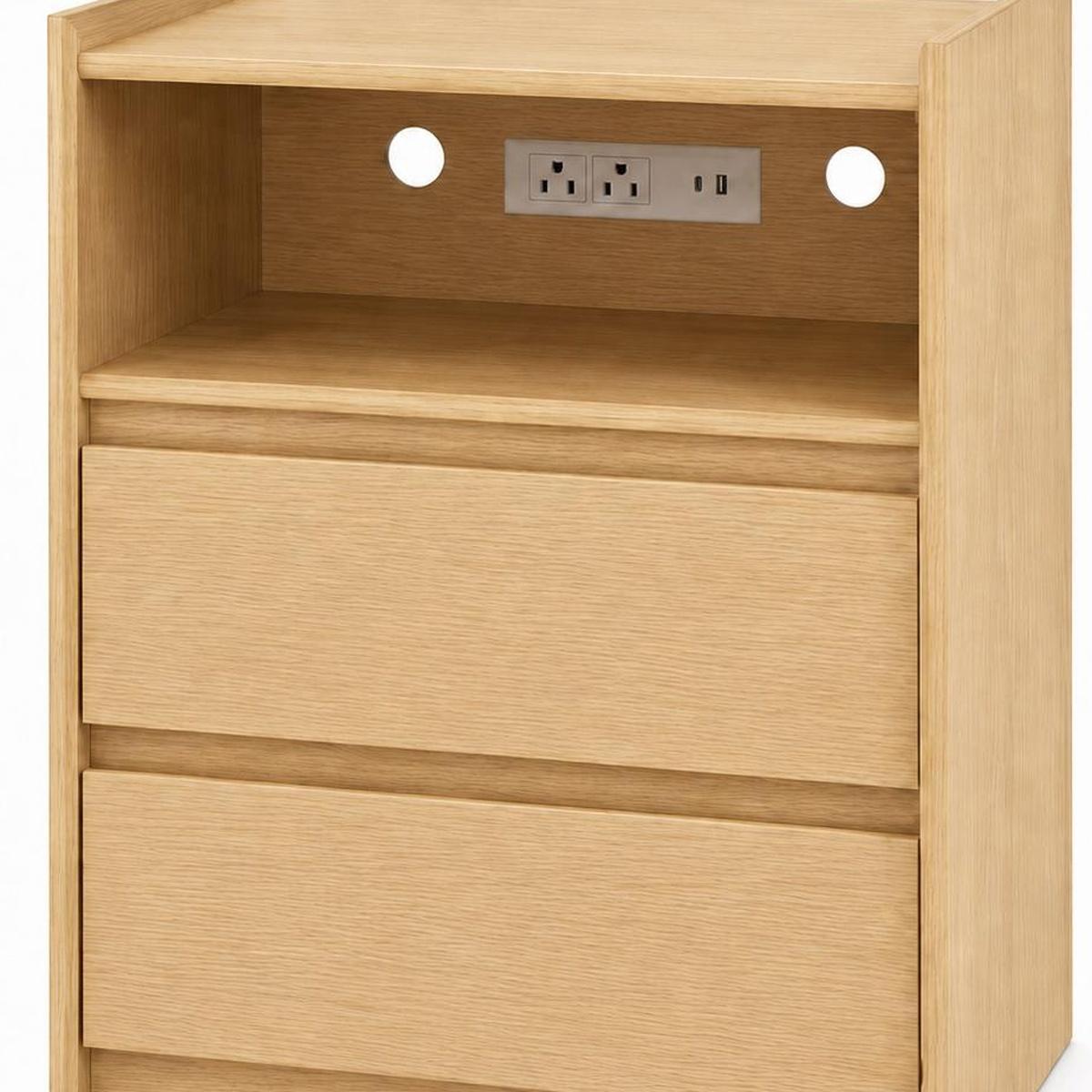 24" Oak Wood Two Drawer Nightstand with USB Port and Integrated Tech