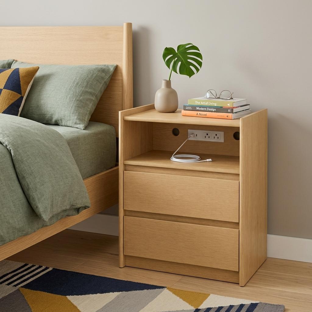 24" Oak Wood Two Drawer Nightstand with USB Port and Integrated Tech