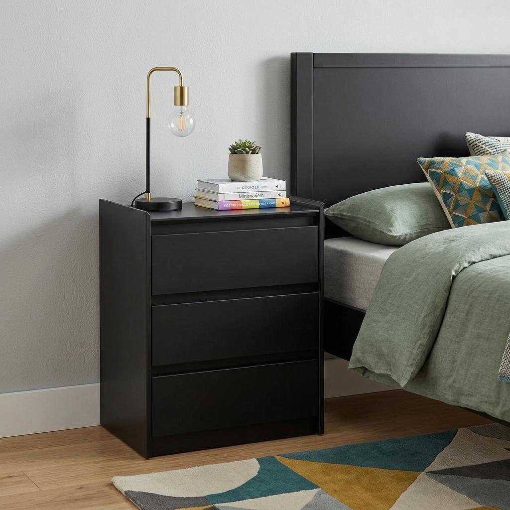 24" Black Wood Three Drawer Nightstand with USB Port and Integrated Tech