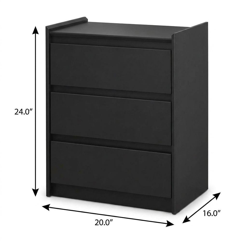 24" Black Wood Three Drawer Nightstand with USB Port and Integrated Tech