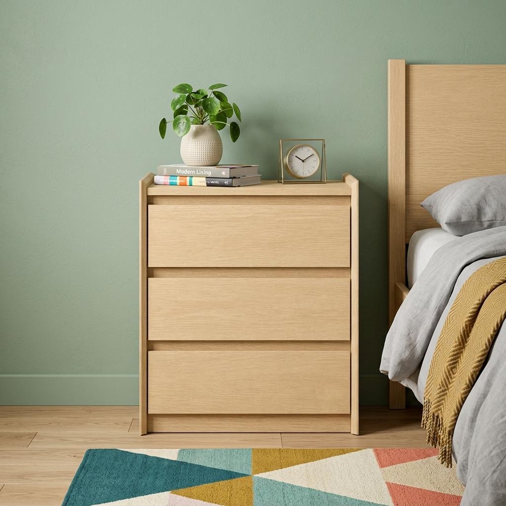 24" Oak Wood Three Drawer Nightstand with USB Port and Integrated Tech