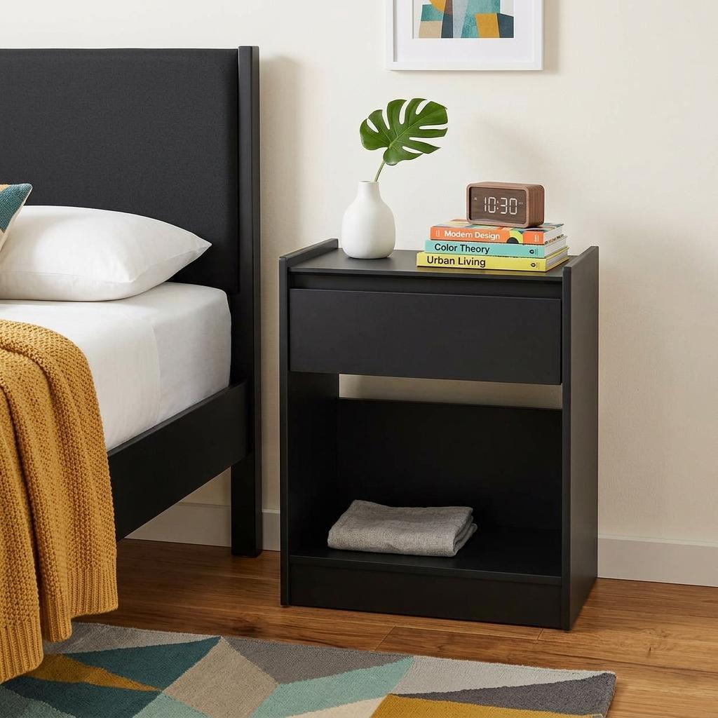 24" Black Wood One Drawer Nightstand