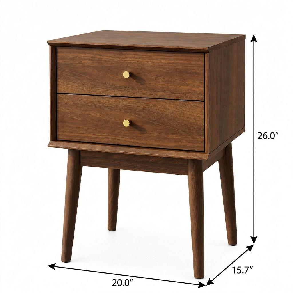 26" Walnut Wood Two Drawer Nightstand