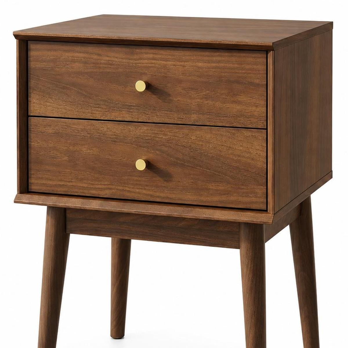26" Walnut Wood Two Drawer Nightstand