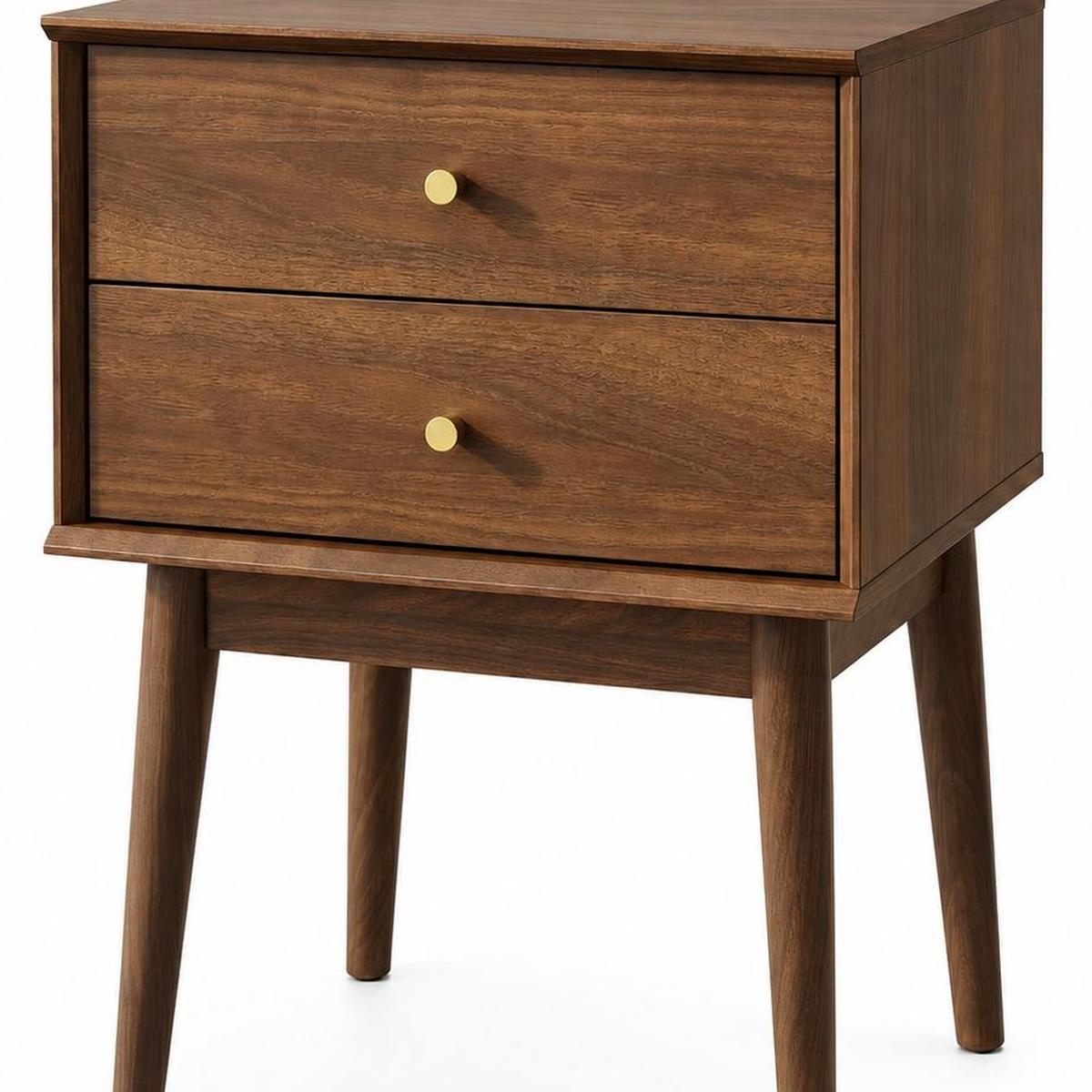 26" Walnut Wood Two Drawer Nightstand