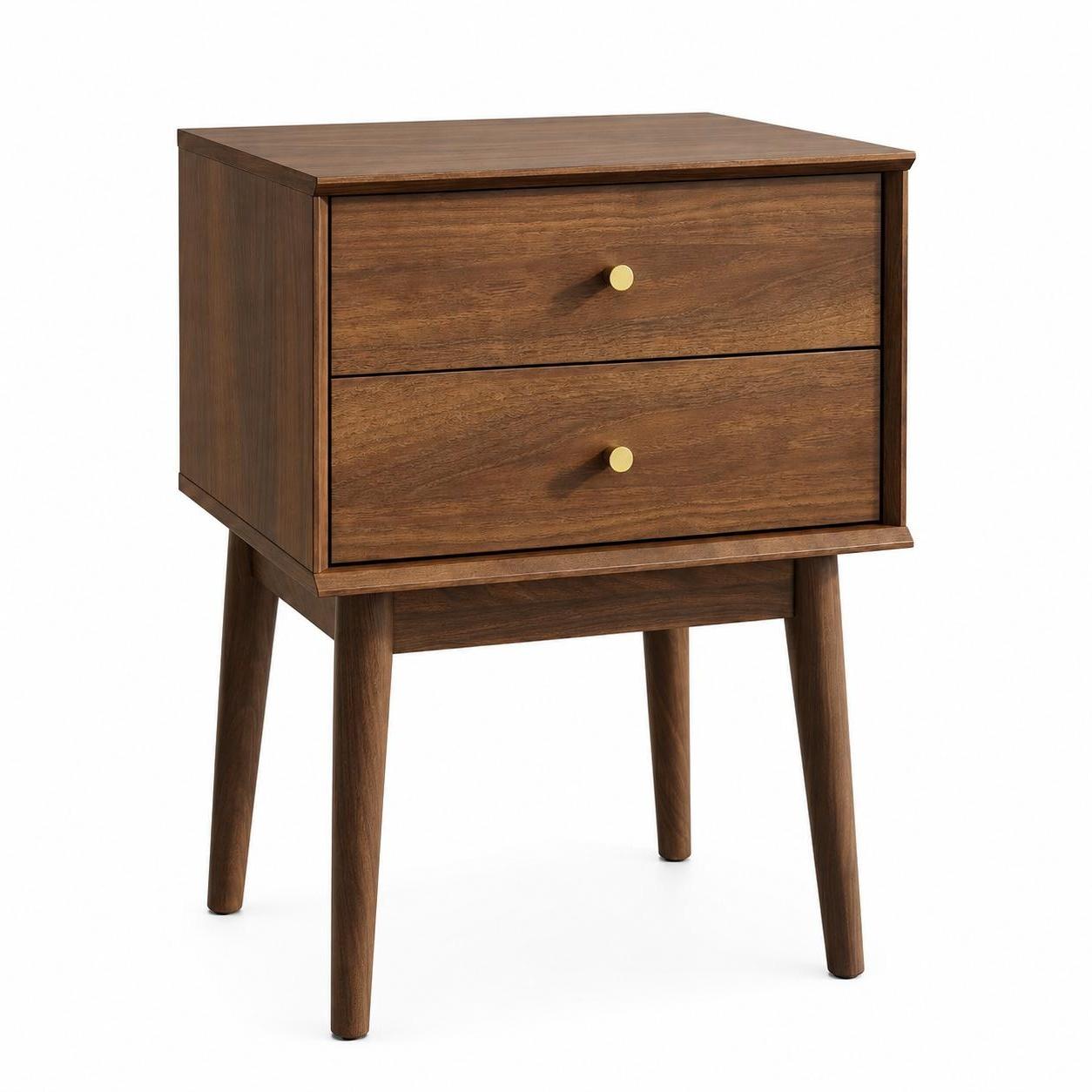 26" Walnut Wood Two Drawer Nightstand