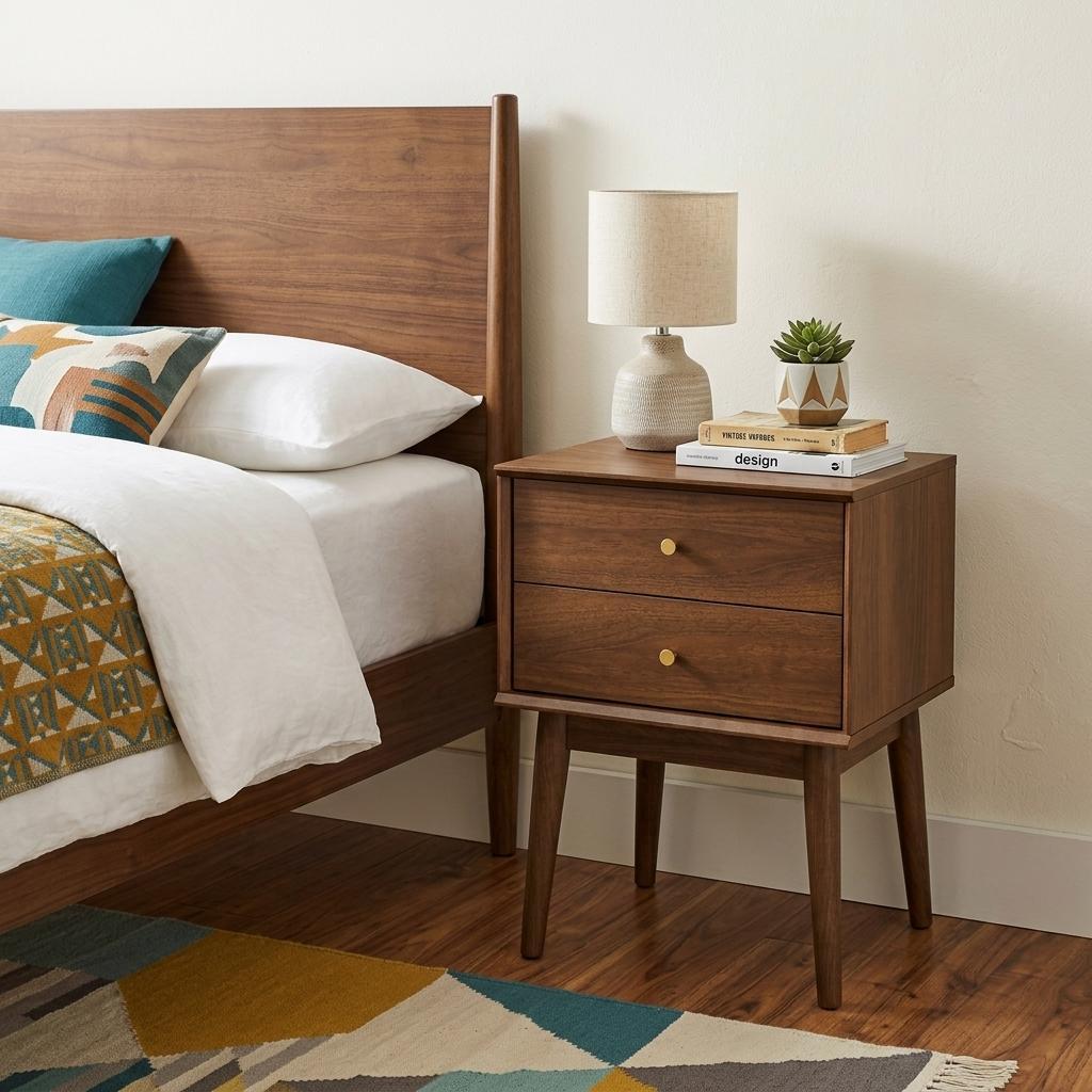 26" Walnut Wood Two Drawer Nightstand
