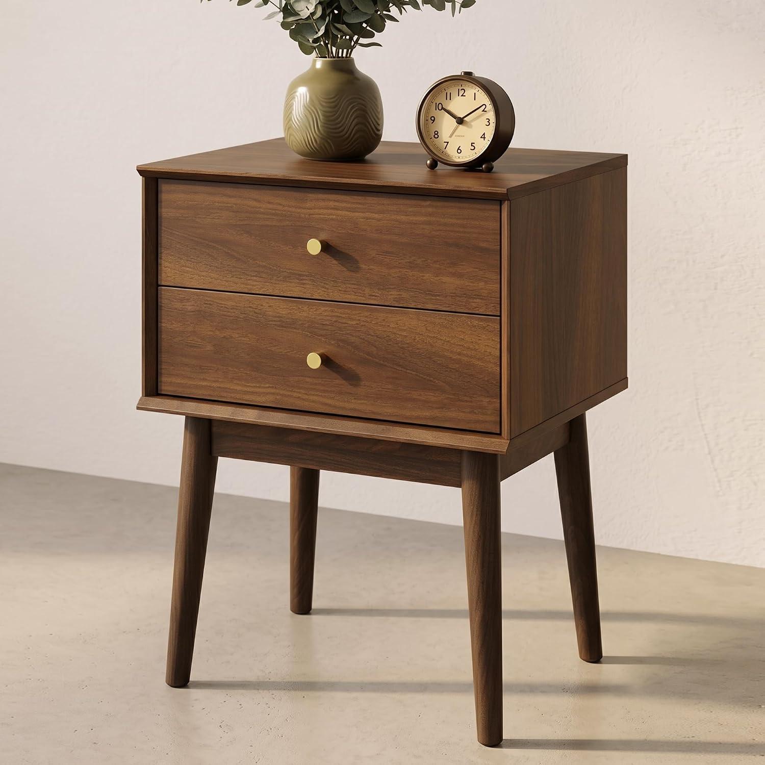 26" Walnut Wood Two Drawer Nightstand