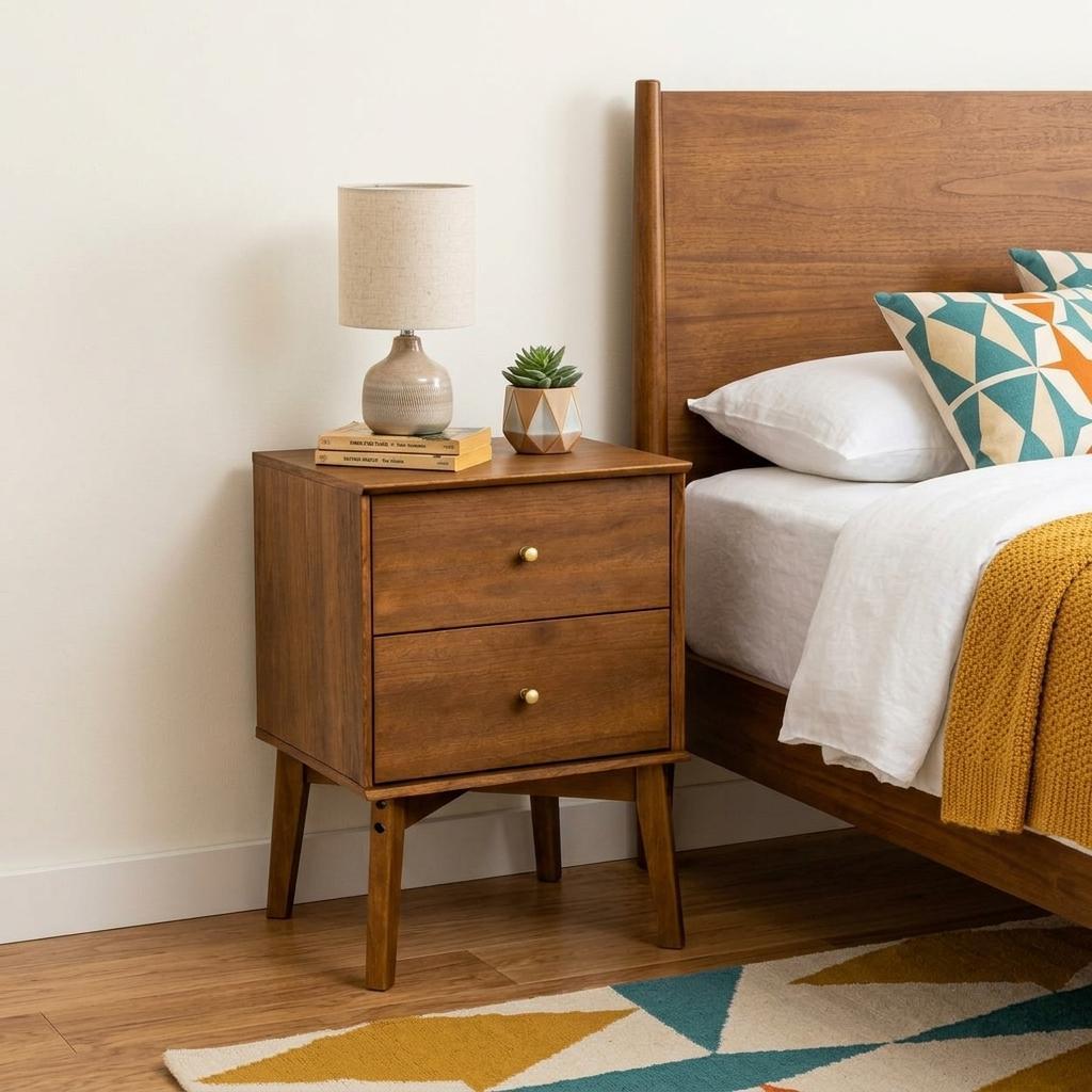 26" Oak Wood Two Drawer Nightstand