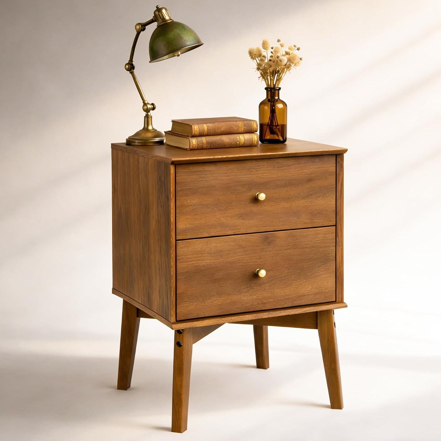 26" Oak Wood Two Drawer Nightstand